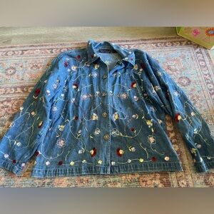 Vintage Embroidered Floral Denim Jacket - Blue with Multicolor Flowers